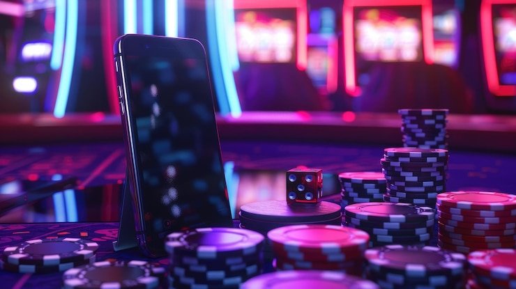 Studio live-dealer harum4 dengan meja blackjack, roulette, dan baccarat dari sudut pandang pemain mobile